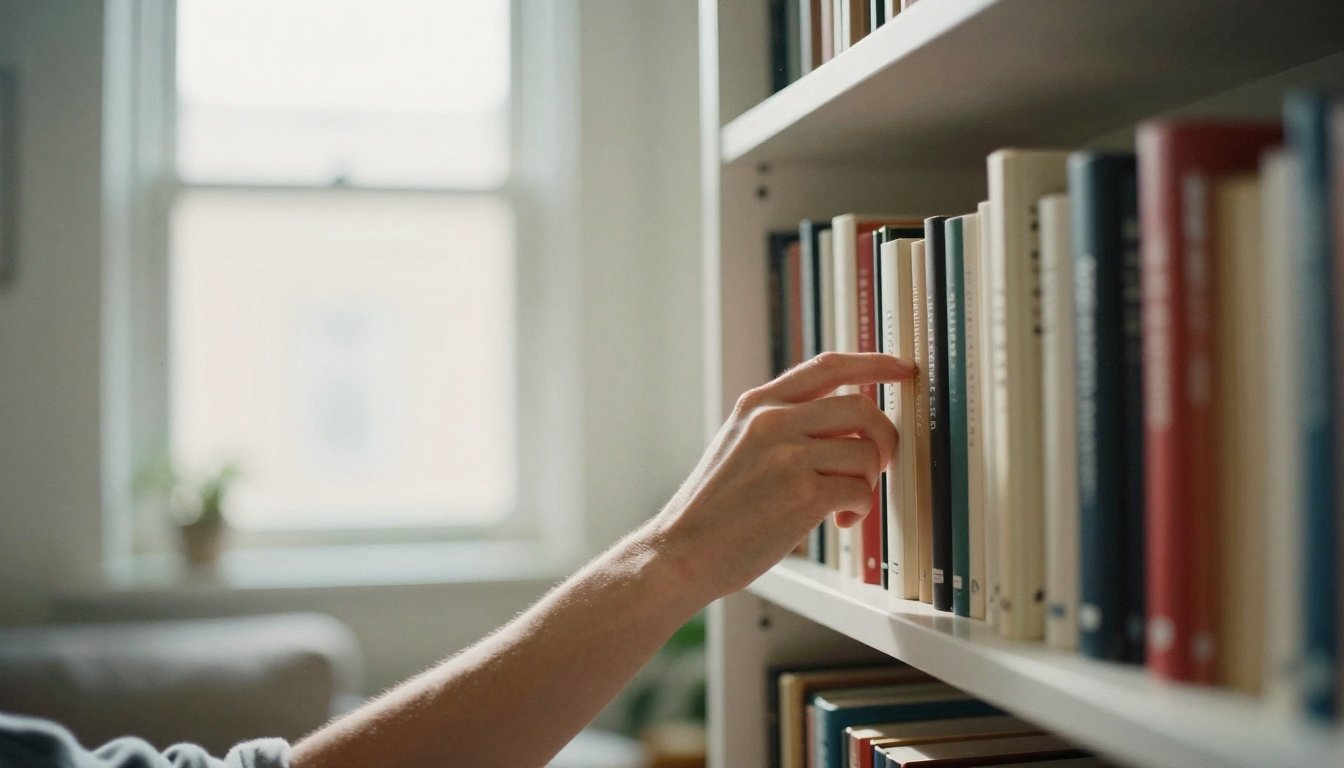 Άτομο οργανώνει βιβλία σε ένα καθαρό σαλόνι