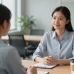 Σκηνή συνέντευξης εργασίας με υποψήφιο και εκ recruiter σε σύγχρονο γραφείο.