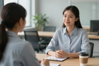 Σκηνή συνέντευξης εργασίας με υποψήφιο και εκ recruiter σε σύγχρονο γραφείο.