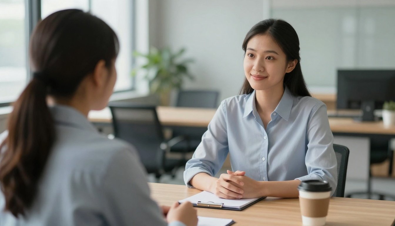 Σκηνή συνέντευξης εργασίας με υποψήφιο και εκ recruiter σε σύγχρονο γραφείο.