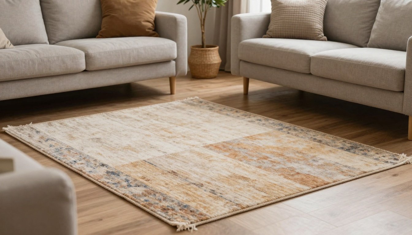 Ζεστό σαλόνι με χαλί που προσθέτει στιλ στο χώρο.