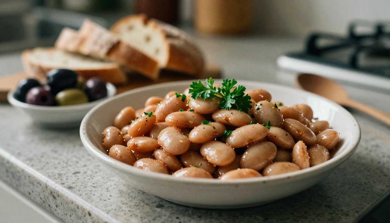 Ένα πιάτο γίγαντες φούρνου με φρέσκο ψωμί και ελιές