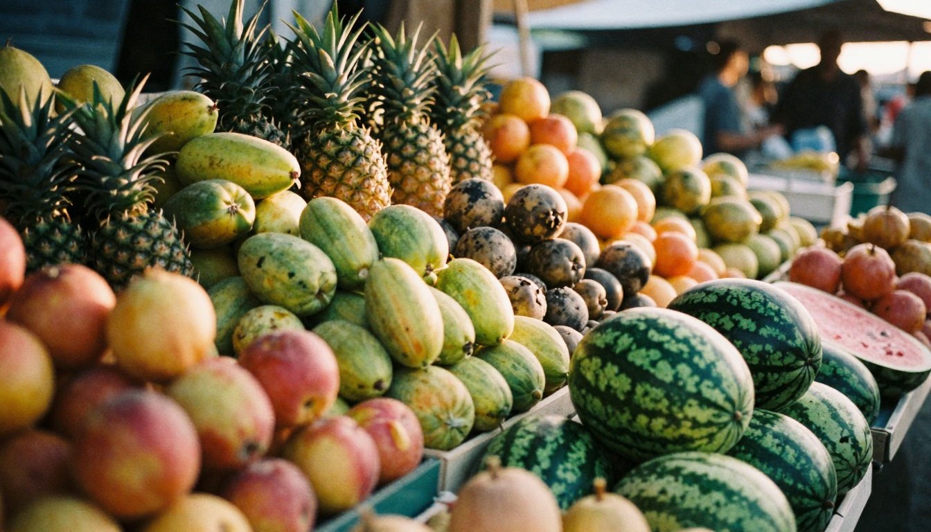 Μια ζωντανή αγορά φρούτων κατά τη διάρκεια του ηλιοβασιλέματος.