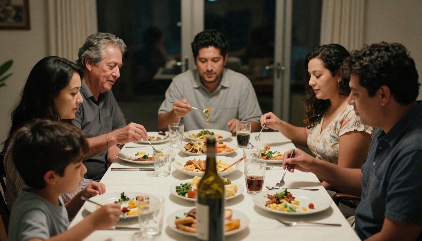Μια οικογένεια απολαμβάνει το βραδινό τους γεύμα
