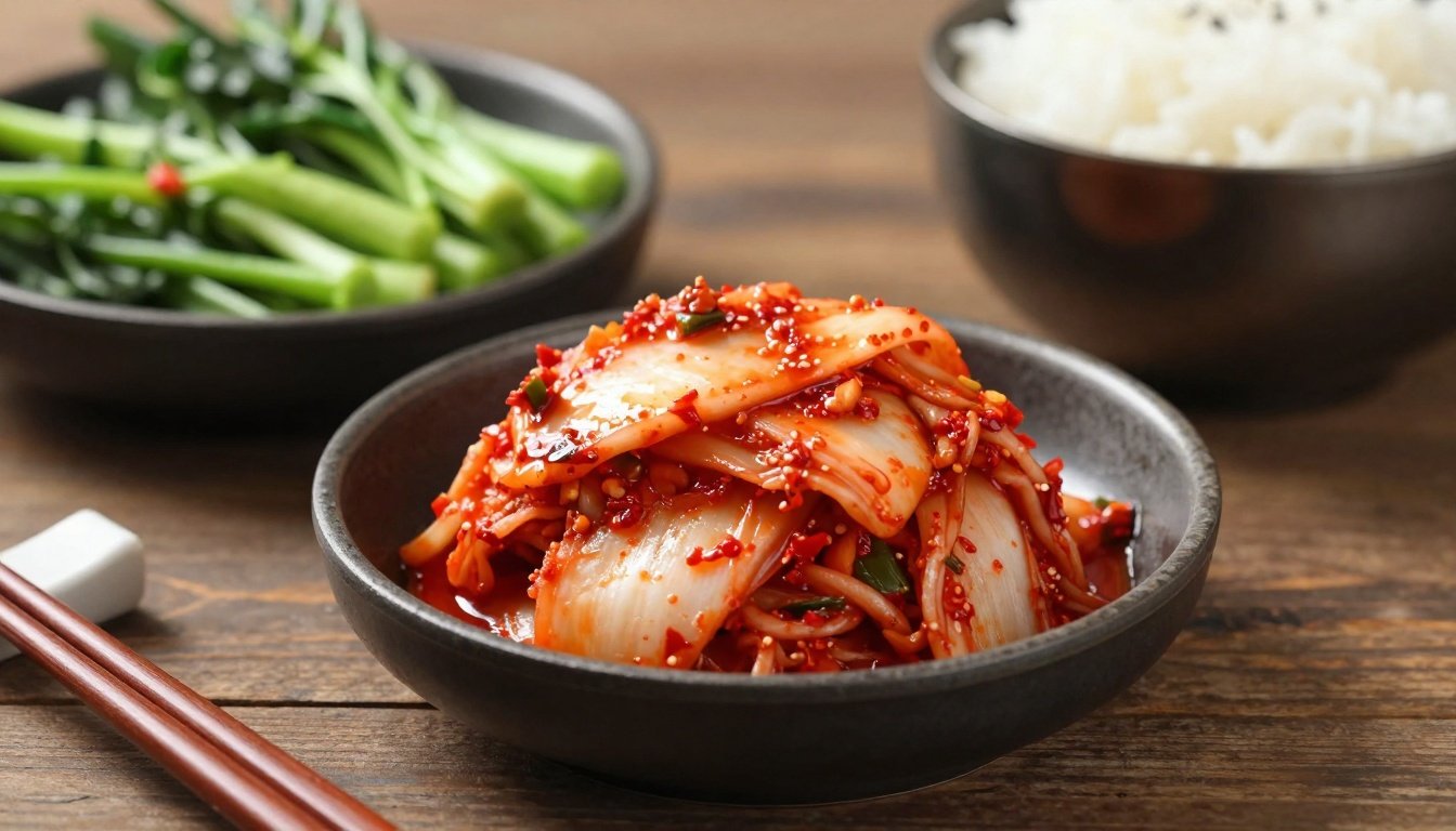 Δίσκος με κορεάτικο φαγητό που περιλαμβάνει κίμτσι, λαχανικά και ρύζι.