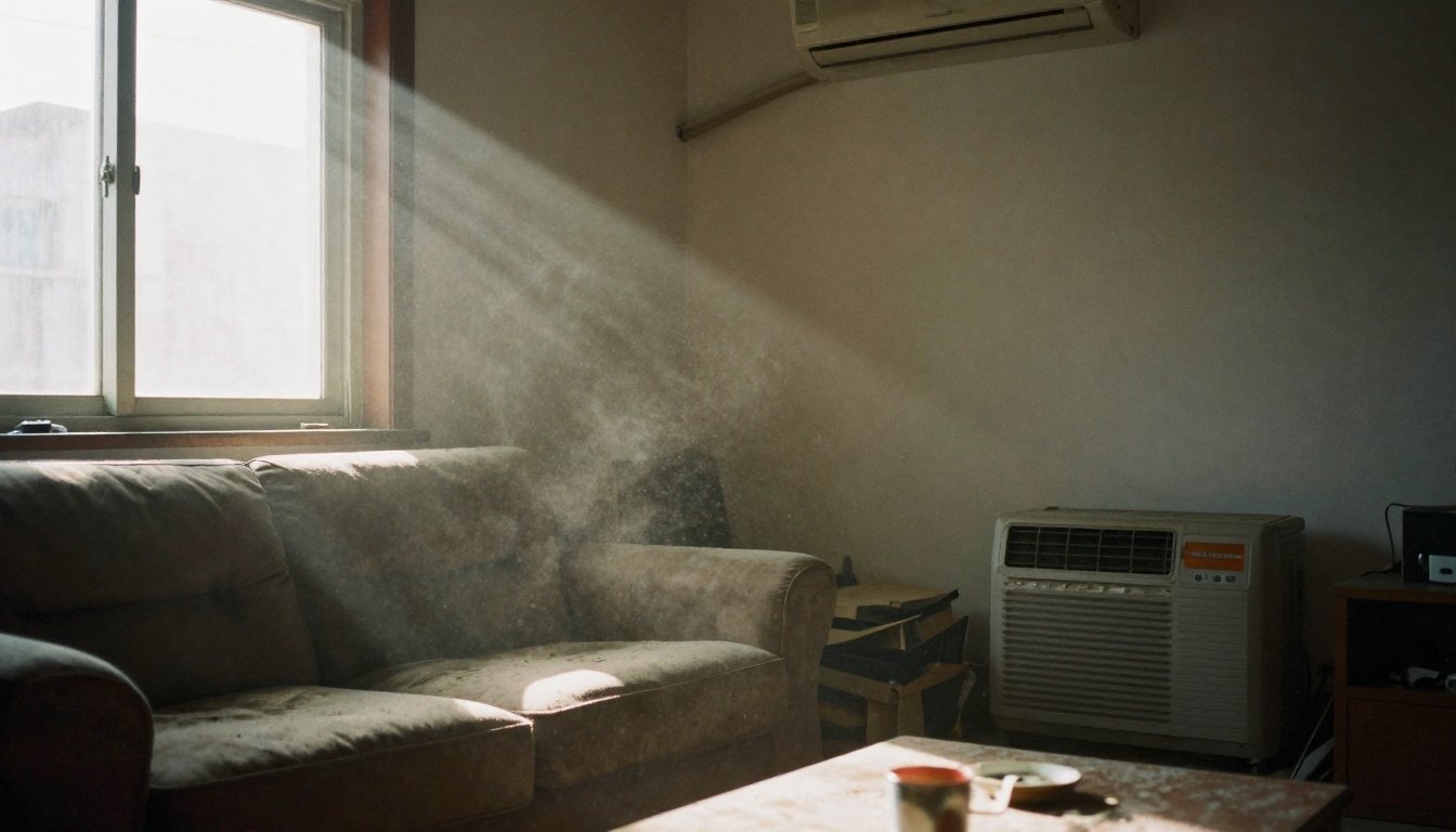 Σαλονιού γεμάτο σκόνη με φως να περνά από το παράθυρο