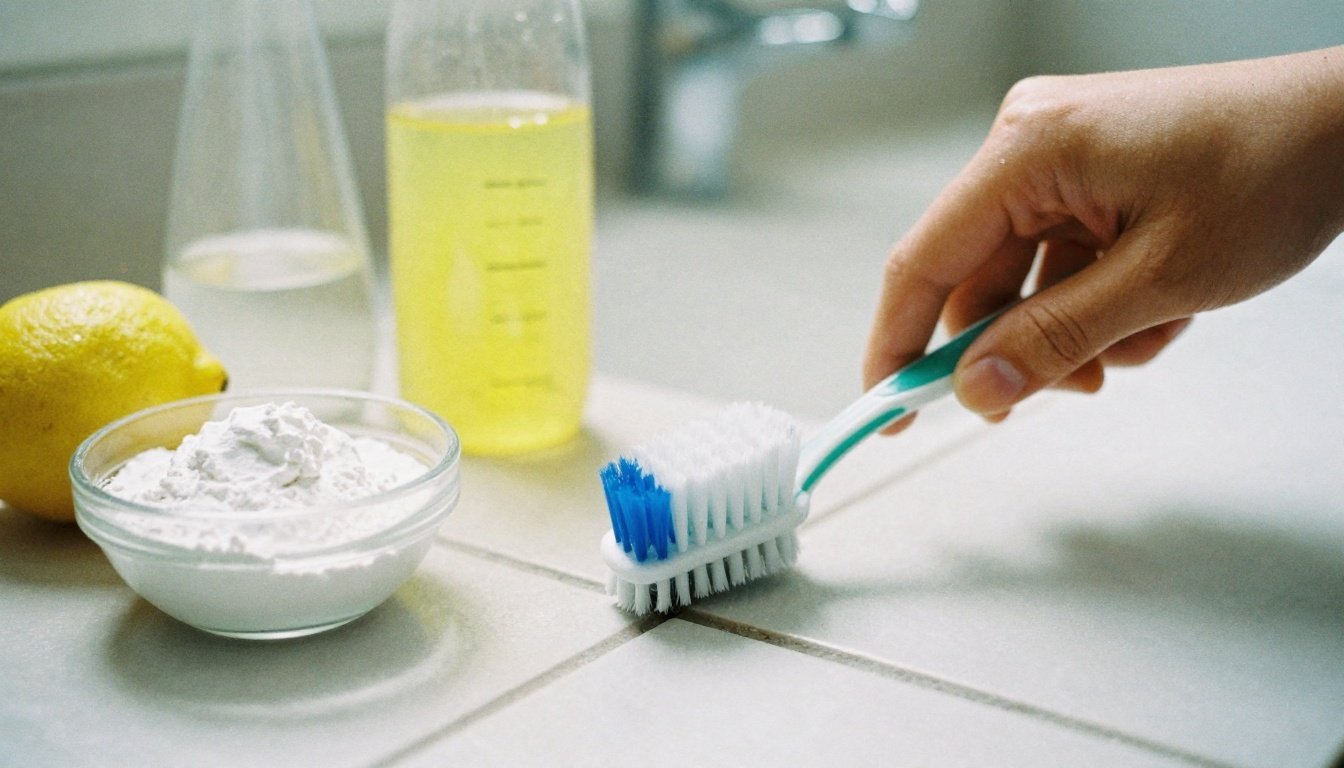 Ανθρώπινο χέρι που καθαρίζει αρμούς πλακιδίων