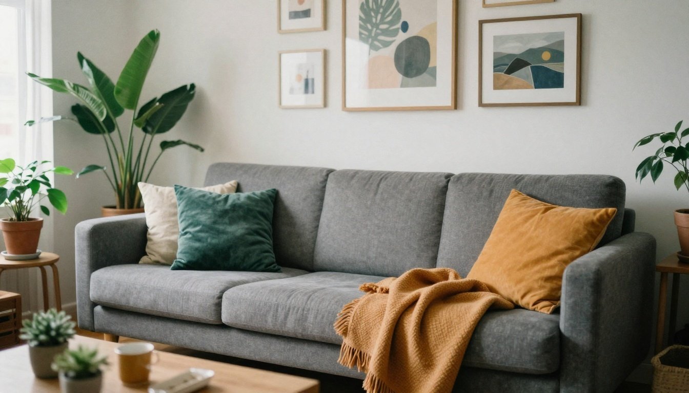 Ένας γκρι καναπές σε ένα ζεστό καθιστικό με πολύχρωμα μαξιλάρια