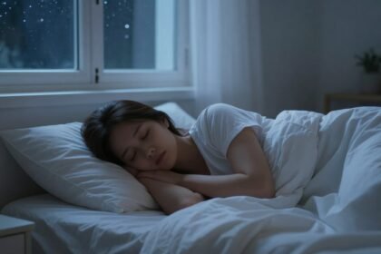 Ησυχία και γαλήνη σε ένα υπνοδωμάτιο τη νύχτα, με αστέρια στον ουρανό, συμβολίζοντας την αναζήτηση για αδιάκοπο ύπνο.