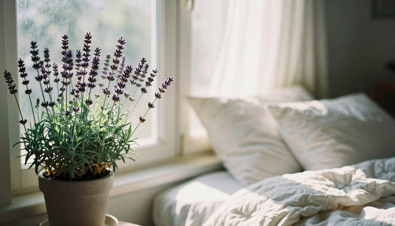 Μια ήρεμη σκηνή υπνοδωματίου με λεβάντα