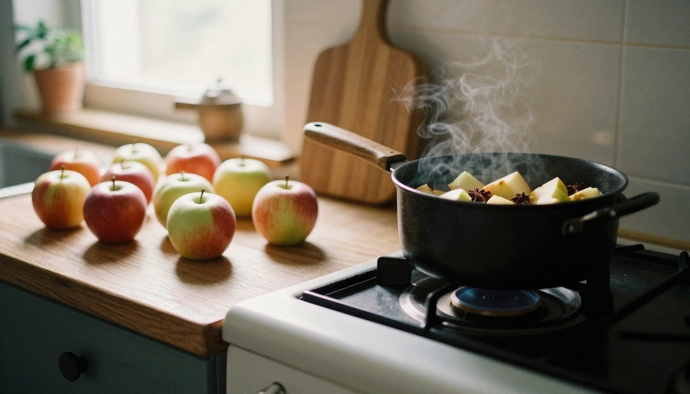 Αρωματική μαρμελάδα μήλου εύκολα και γρήγορα - σε 30 λεπτά 2 Κουζίνα με κατσαρόλα μαρμελάδας από μήλο.