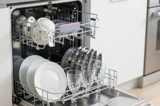 Σύγχρονο πλυντήριο πιάτων γεμάτο καθαρά πιάτα και ποτήρια σε κουζίνα