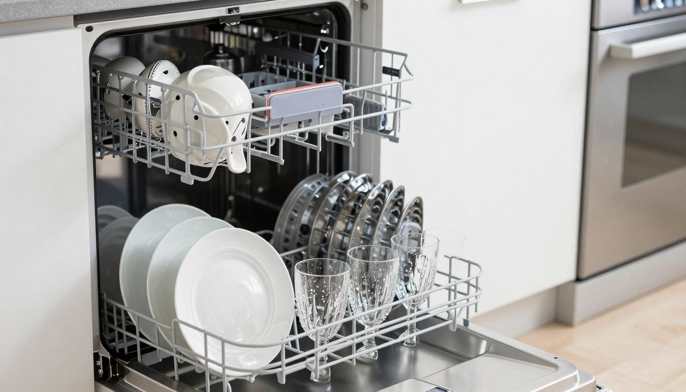 Σύγχρονο πλυντήριο πιάτων γεμάτο καθαρά πιάτα και ποτήρια σε κουζίνα