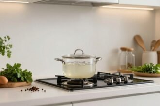 Φρέσκια και καθαρή κουζίνα με κατσαρόλα λευκού ξιδιού.