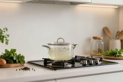 Φρέσκια και καθαρή κουζίνα με κατσαρόλα λευκού ξιδιού.