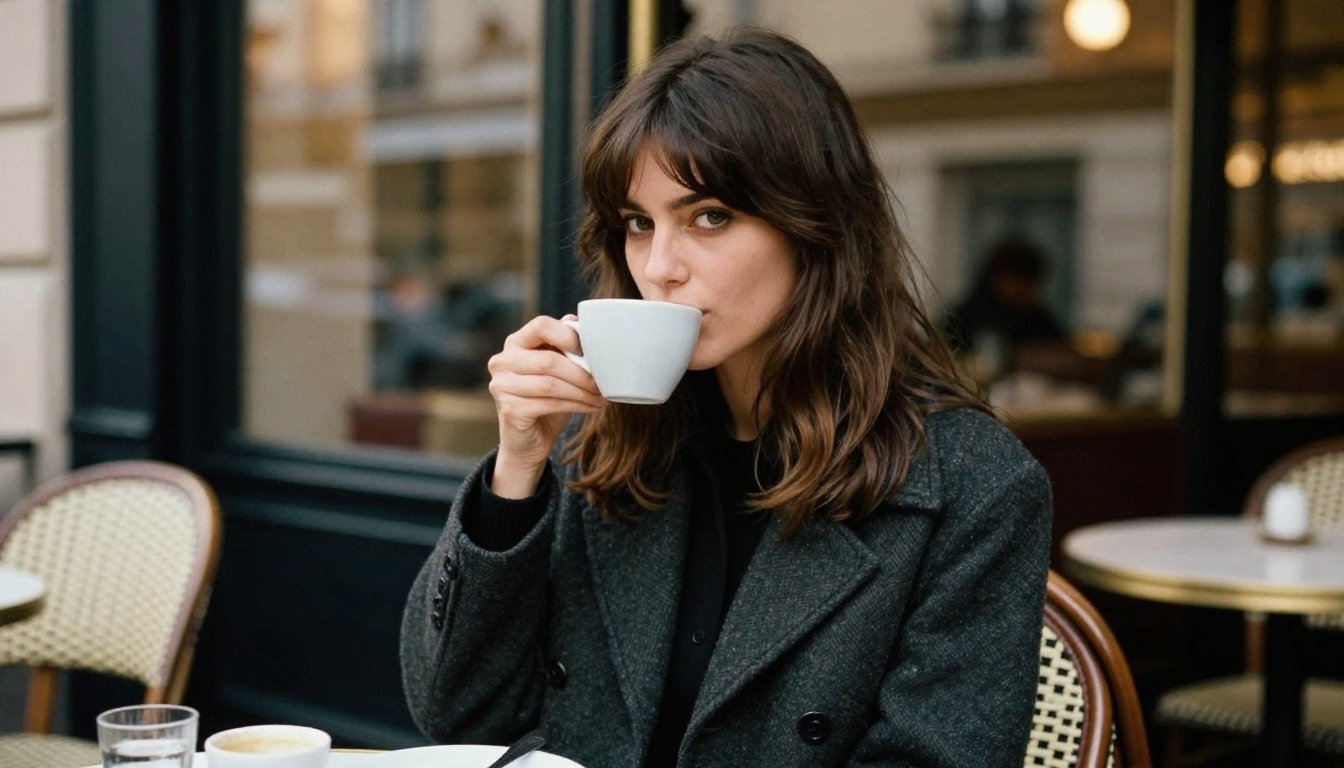 Γυναίκα με στυλάτη φράντζα Birkin στον εξωτερικό χώρο καφετέριας στο Παρίσι