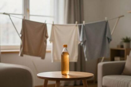 Χειμερινή σκηνή με ρούχα στεγνωμένα σε απλώστρα κοντά σε παράθυρο και μπουκάλι με ζεστό νερό.