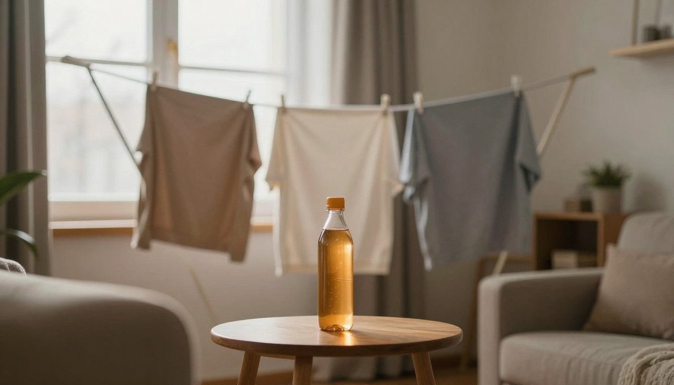 Χειμερινή σκηνή με ρούχα στεγνωμένα σε απλώστρα κοντά σε παράθυρο και μπουκάλι με ζεστό νερό.