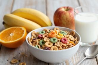 Υγιεινό πρωινό με δημητριακά, φρέσκα φρούτα και γάλα σε ξύλινο τραπέζι.