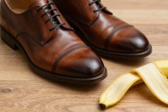 Δερμάτινα παπούτσια και φλούδα μπανάνας για καθαρισμό.