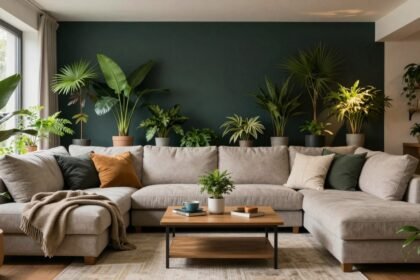 Κομψός εσωτερικός χώρος καθιστικού με φυτά και ζεστά χρώματα.