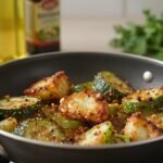 Φωτογραφία με τηγάνι γεμάτο τηγανητά λαχανικά και μπουκάλια ελαίων σε απαλό φωτισμό.