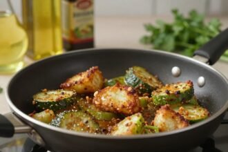 Φωτογραφία με τηγάνι γεμάτο τηγανητά λαχανικά και μπουκάλια ελαίων σε απαλό φωτισμό.