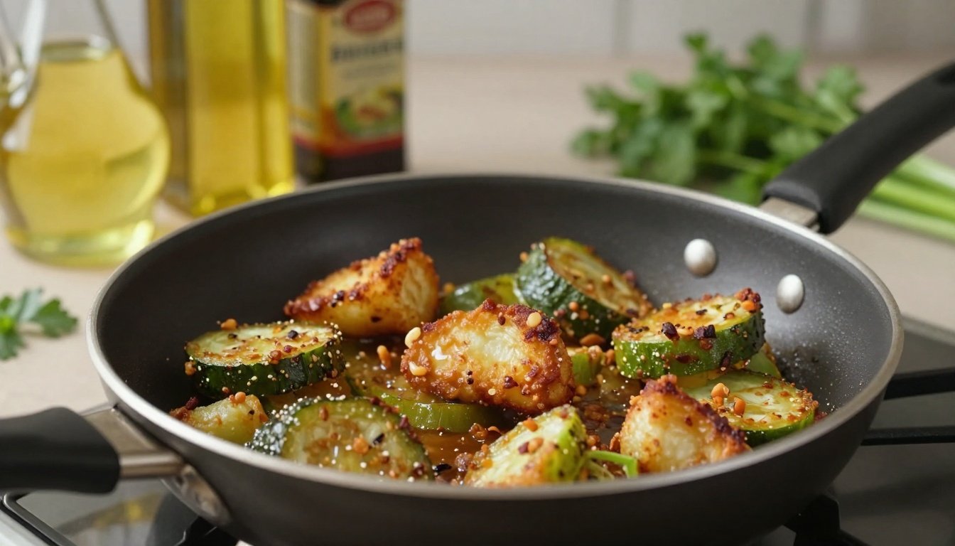 Φωτογραφία με τηγάνι γεμάτο τηγανητά λαχανικά και μπουκάλια ελαίων σε απαλό φωτισμό.