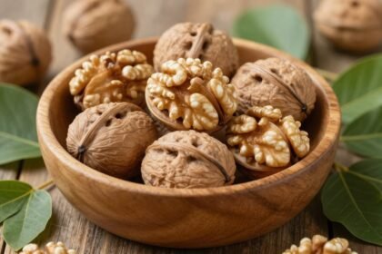 Καρυδιά σε ξύλινη μπολ με φυσικό φωτισμό.