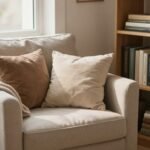 Μια ζεστή γωνιά ανάγνωσης με πολυθρόνα και βιβλιοθήκη.