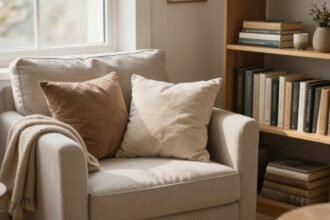 Μια ζεστή γωνιά ανάγνωσης με πολυθρόνα και βιβλιοθήκη.