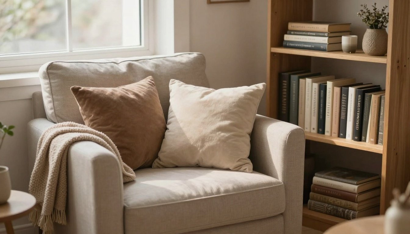 Μια ζεστή γωνιά ανάγνωσης με πολυθρόνα και βιβλιοθήκη.