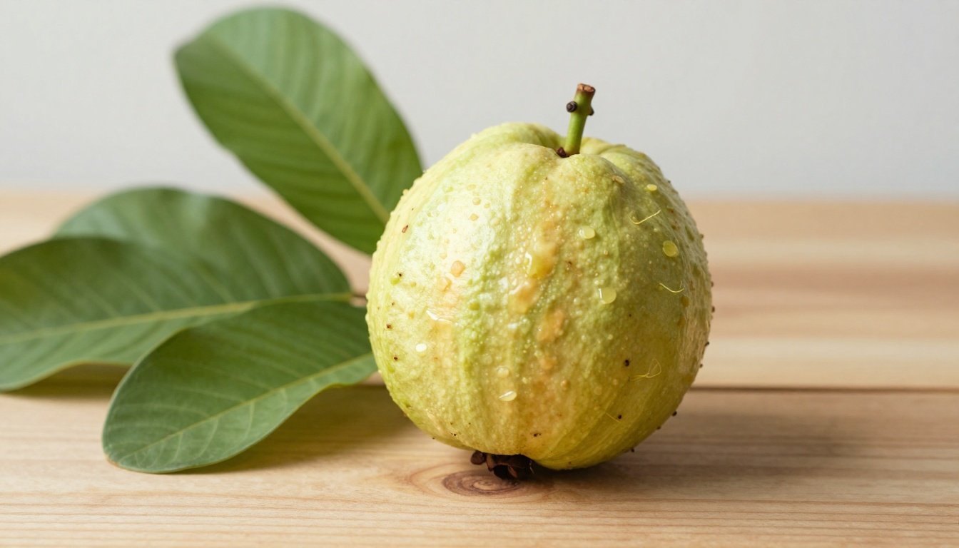 Εξωτικό φρούτο γκουάβα σε ξύλινο τραπέζι με τροπικά φύλλα.