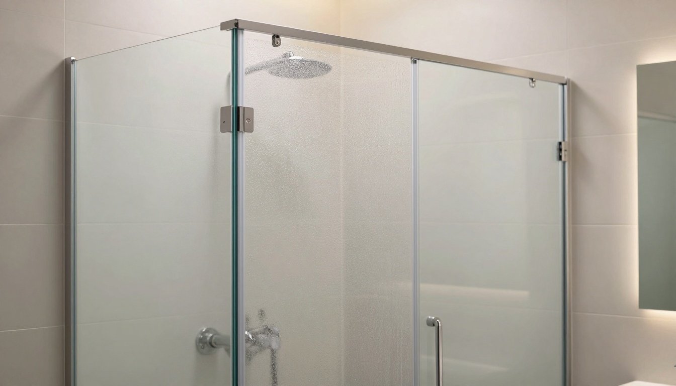 Καθαρή γυάλινη πόρτα ντουζιέρας σε μοντέρνο μπάνιο