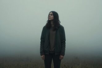 Μοναχική φιγούρα σε ομιχλώδη τοπίο, σκεπτική και μελαγχολική.