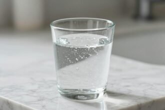 Ανθρακούχο νερό σε γυάλινο ποτήρι, εστίαση στις φυσαλίδες.