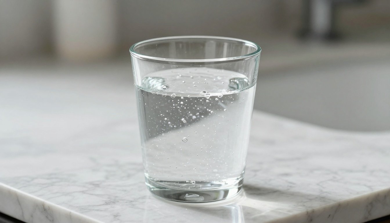 Ανθρακούχο νερό σε γυάλινο ποτήρι, εστίαση στις φυσαλίδες.