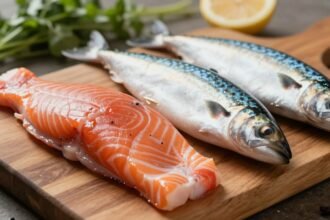 Λιπαρά ψάρια όπως σολομός και σκουμπρί σε ξύλο κοπής με φρέσκα βότανα.