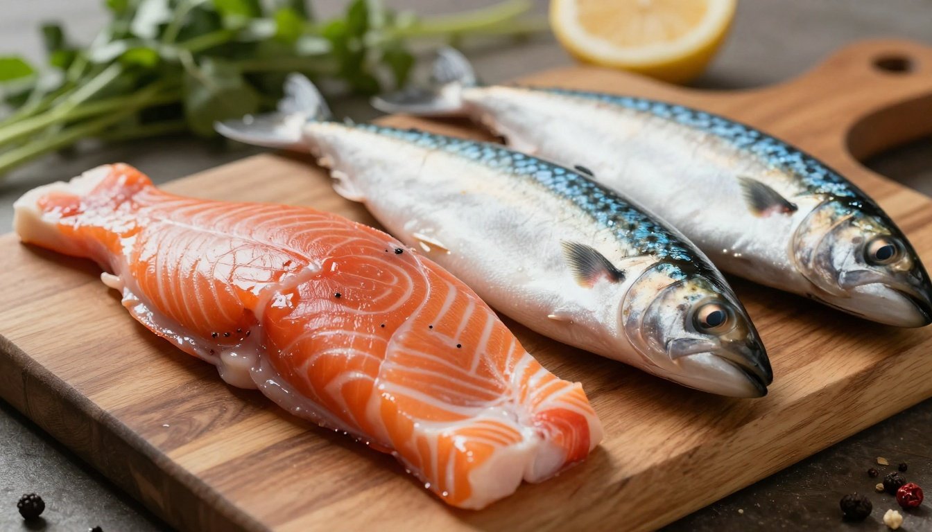 Λιπαρά ψάρια όπως σολομός και σκουμπρί σε ξύλο κοπής με φρέσκα βότανα.