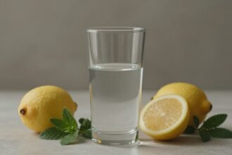 Σειρά από υγιεινές επιλογές και ένα άδειο ποτήρι σε φυσικό περιβάλλον