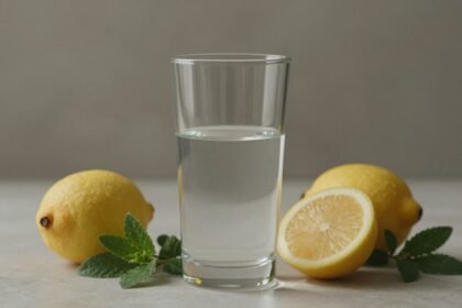 Σειρά από υγιεινές επιλογές και ένα άδειο ποτήρι σε φυσικό περιβάλλον