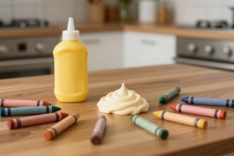 Κηρομπογιές και μαγιονέζα σε ξύλινη επιφάνεια