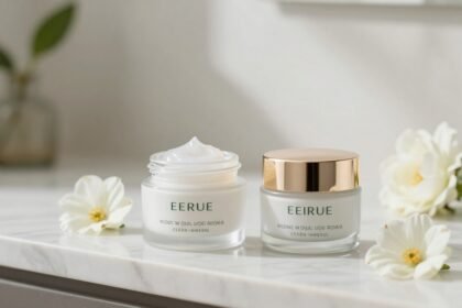 Σκηνικό περιποίησης δέρματος με κρέμα μέρας και κρέμα νύχτας.