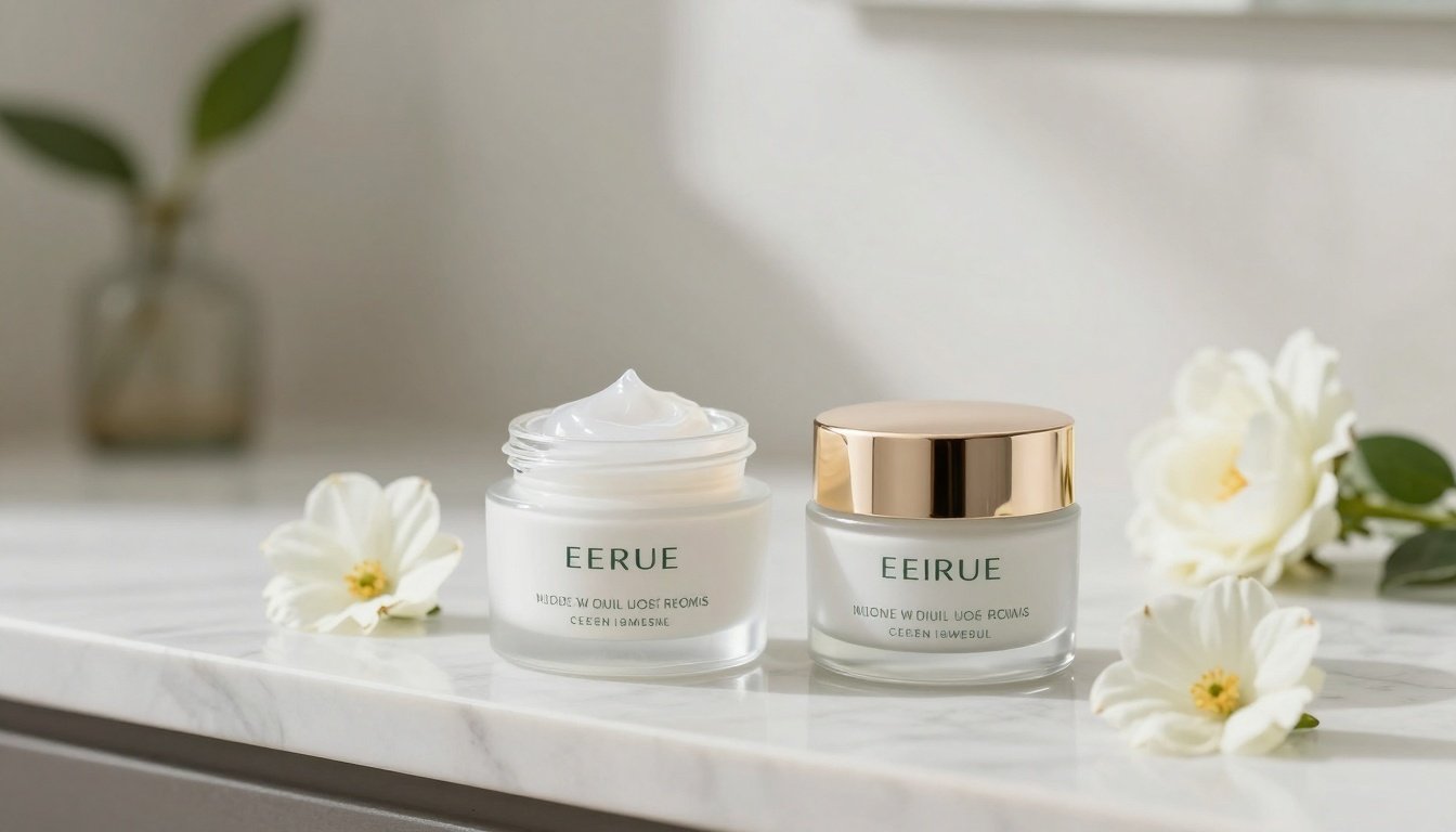 Σκηνικό περιποίησης δέρματος με κρέμα μέρας και κρέμα νύχτας.