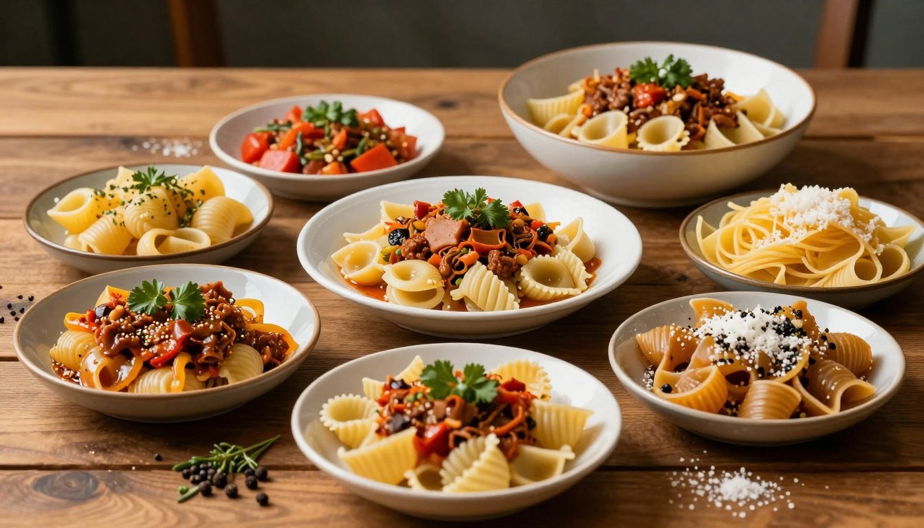 Πιάτο με παραδοσιακά ζυμαρικά και υλικά της ελληνικής και ιταλικής κουζίνας.