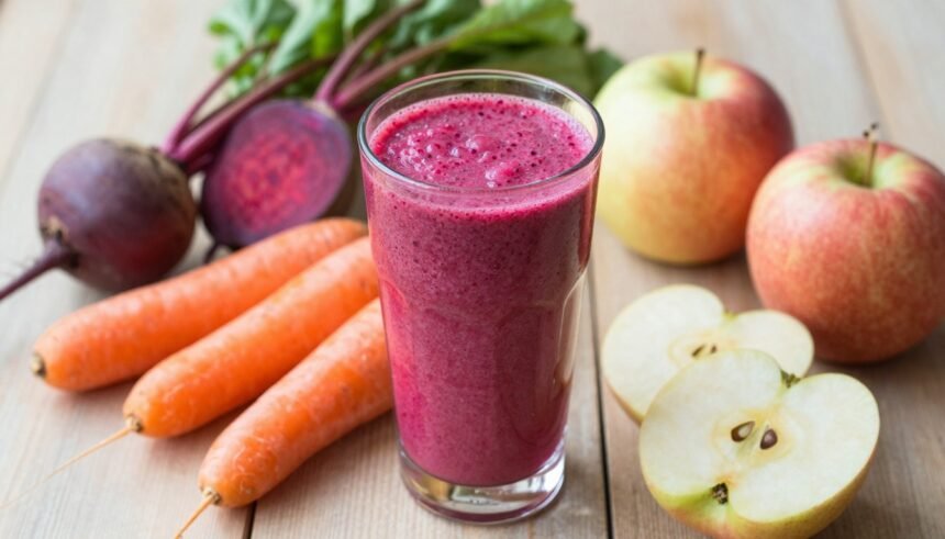 Ένα πολύχρωμο smoothie με παντζάρι, καρότο και μήλο σε ένα ποτήρι, με φρέσκα υλικά γύρω του.