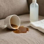 Λεκές από καφέ σε καναπέ με λευκό ξίδι και πανί.