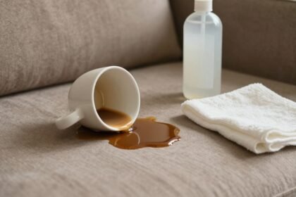 Λεκές από καφέ σε καναπέ με λευκό ξίδι και πανί.