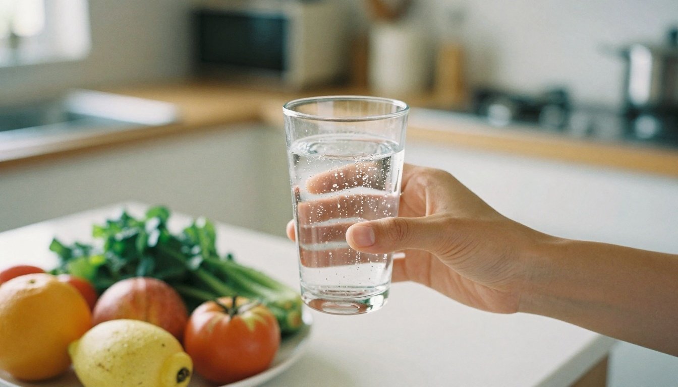 Πρόσωπο κρατώντας ποτήρι ανθρακούχου νερού σε φωτεινή κουζίνα
