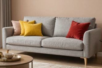 Γκρι καναπές με έντονα χρώματα και ζεστές υφές σε κομψό καθιστικό.